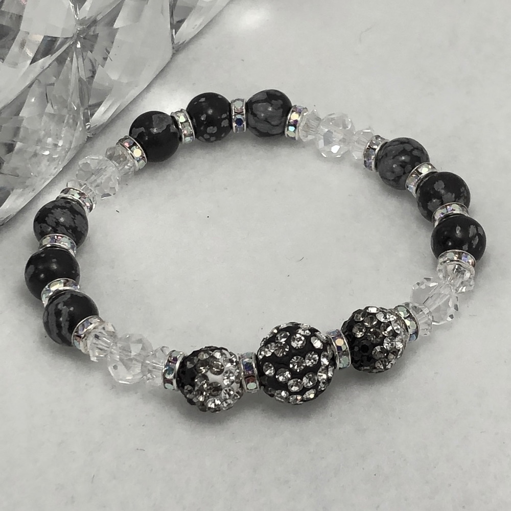 Snowflake Obsidian Gemstone Bracelet w/Rhinestones